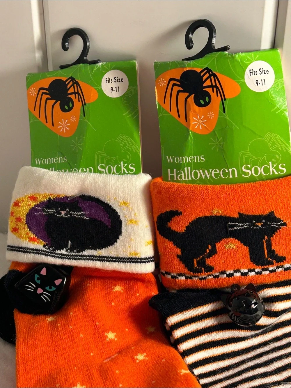 Vintage 90s Halloween Socks Walmart Womens 2 Pack Black Cat Jingle Bells LOT